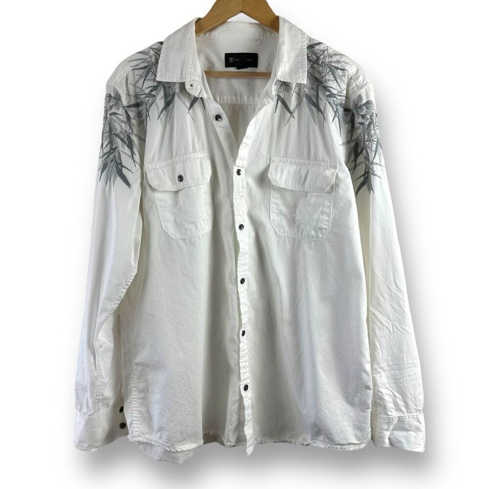 International Concepts XL Long Sleeve Embroidered Shoulder Button Up White Gray